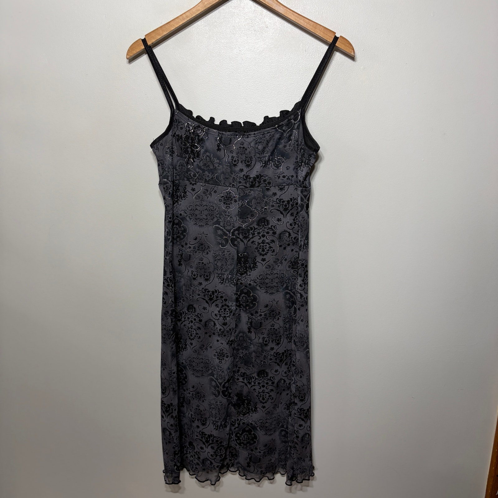 Vtg 90s Y2k Hana Dress Black Gray Floral Babydoll Silver Coquette Party Size L — image 6 of 8